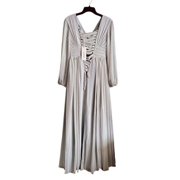 Lavetir Silver Chiffon V-Neck Long Formal A-Line Dress Lace Up Back Size Small - Picture 9 of 14